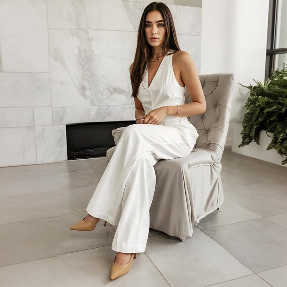 Women Beige Pointed Toe Slip-on Closed Toe 3 Inch Stiletto Pumps High Heels - Picture 2 of 7